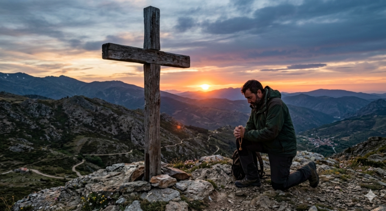 Hombre rezando arrodillado delante de la cruz - Imagen generada con inteligencia artificial.