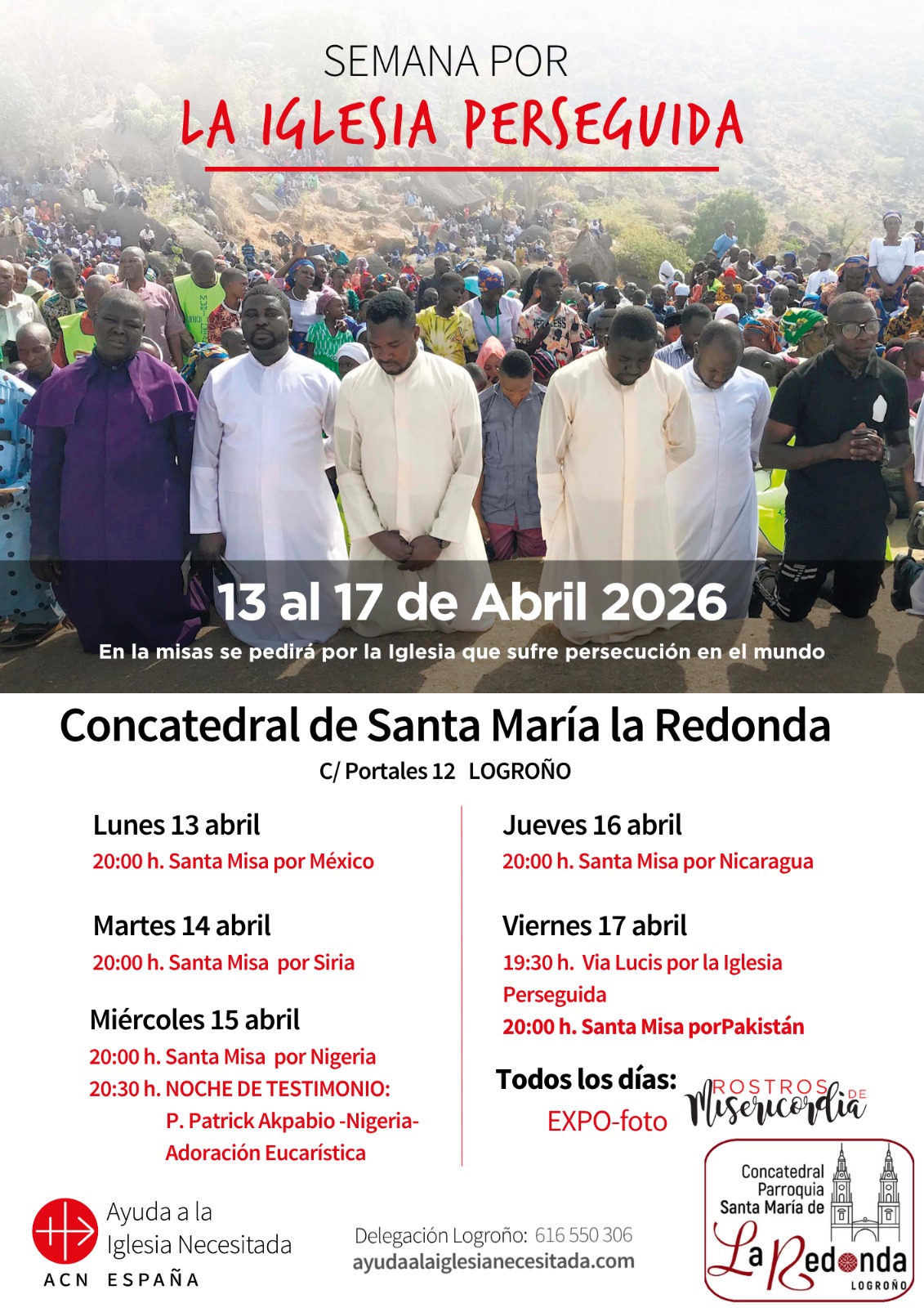 Cartel oficial de la Semana por la Iglesia Perseguida 2026 en la Concatedral de la Redonda, Logroño.